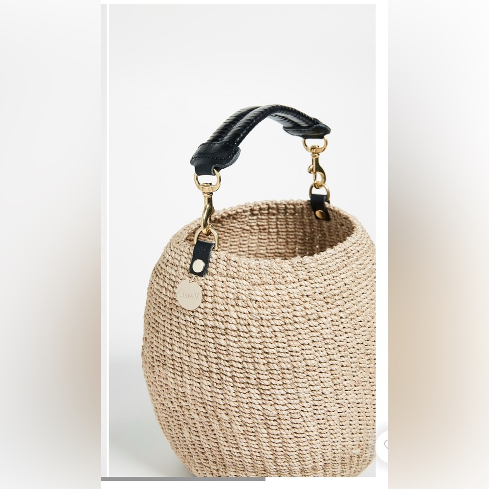 Clare V Beige Woven Bucket Hobo with Black Handle and Gold Hardware - Picture 4 of 11